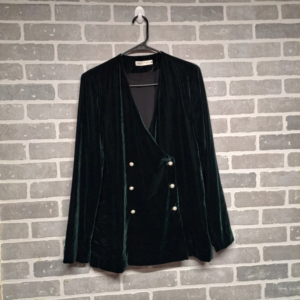 ZARA Blazer Jacket Women Medium Deep Green Velvet Double Breasted Pearl‎ Buttons